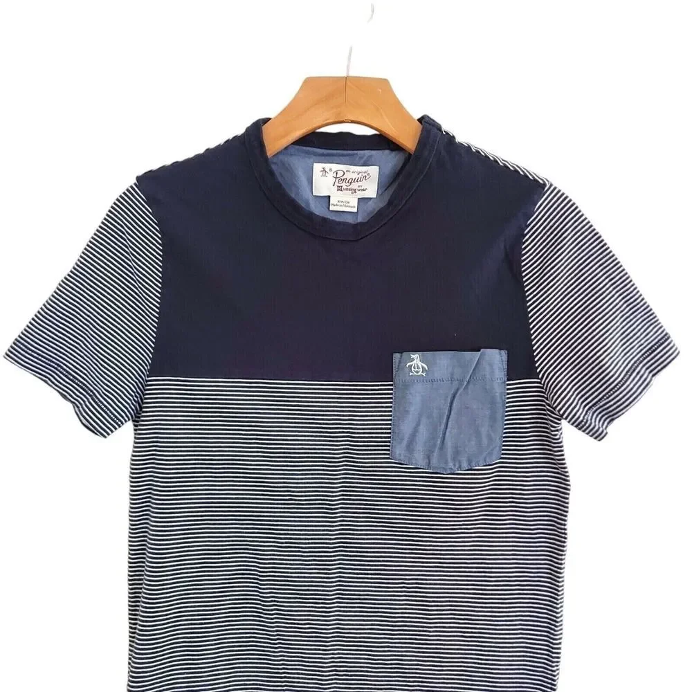 Penguin Boys T-Shirt Small Blue Gray Short Sleeve Stripes Crew Neck Cotton - Picture 2 of 9